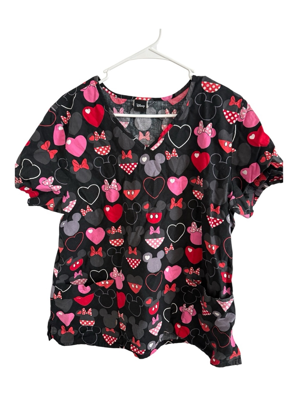 Disney Minnie Mouse Scrub Top XL Hearts Bow Print Nurse Medical Uniform